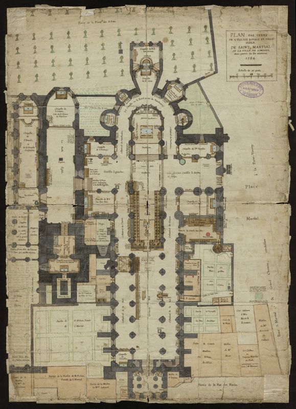 66 Fi 66 - "Plan par terre de l'église royale et collégiale Saint-Martial de Limoges avec partie de ses environs" - 1784
