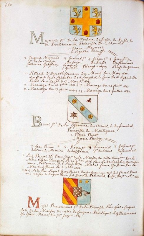 Les armoiries des sieurs de la Tacherie, de la Charrière et de la Brousse (élection de Cognac), 1666 (1 J 1)