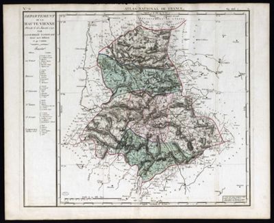 Carte du département de la Haute-Vienne extraite de l'Atlas national de France (55,5 x 68,5 cm, 1 Fi 2).