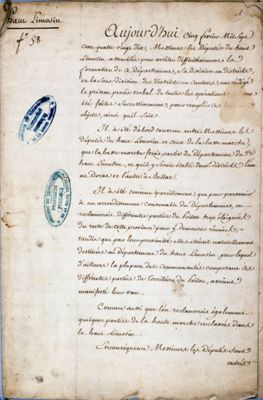 Procès-verbal de formation et de division du département du Haut-Limousin, 5 février 1790 (cahier, 9 fol., 31,5 x 20 cm, L 163).