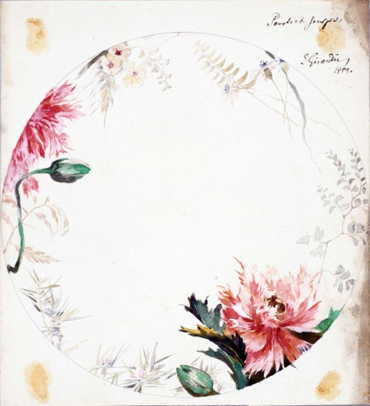Projet de décor d'assiette "Pavots et fougères" signé E. Girardin, 1889 (aquarelle sur papier, 27 x 24 cm, 23 J 623)