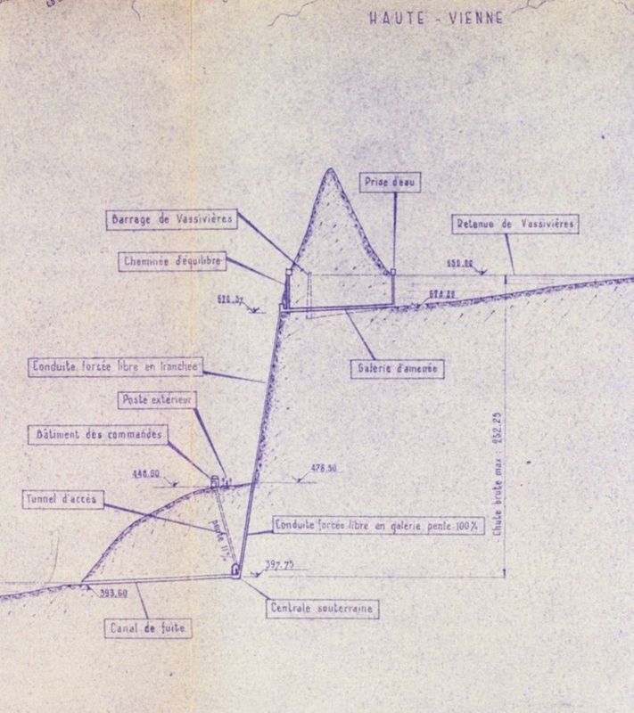 Coupe de l'aménagement hydroélectrique de Vassivière (détail), [1950] (plan, 63 x 84 cm, 991 W 246)