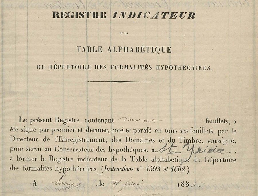 Page de titre de l'indicateur de la table alphabétique de la conservation de Saint-Yrieix