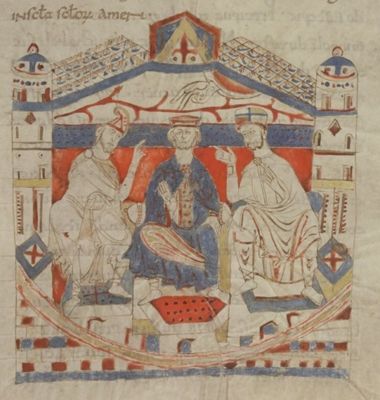 Extrait d'un manuscrit carolingien de l'abbaye St-Cybard d'Angoulême représentant Louis le Pieux (BnF, Latin 5927, fol. 157)